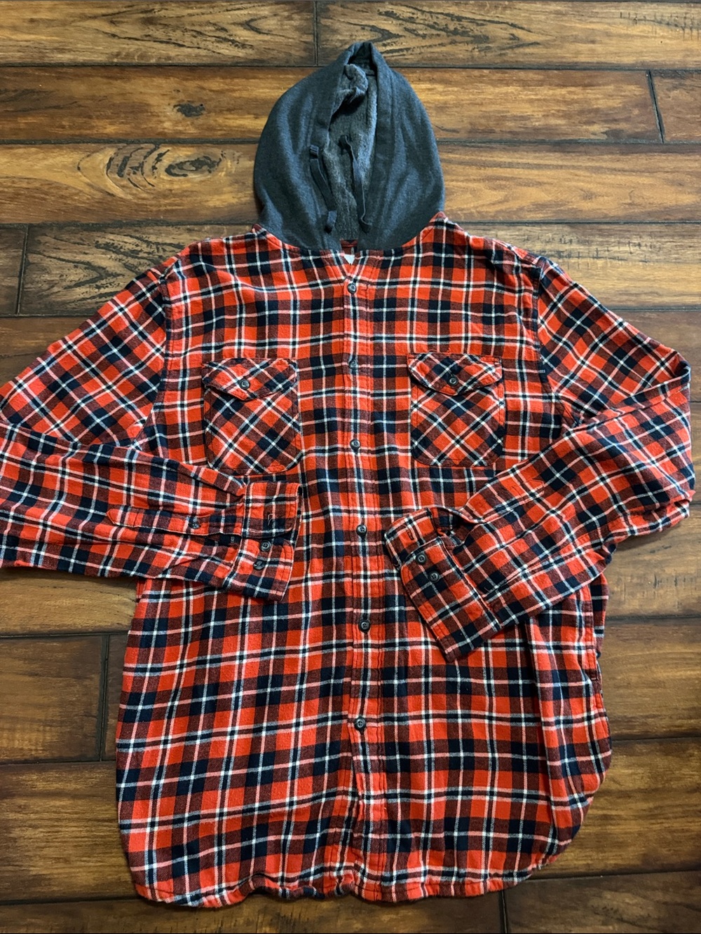 Sonoma Burnt Orange and Black Plaid Button-Down Flannel with Charcoal Hood